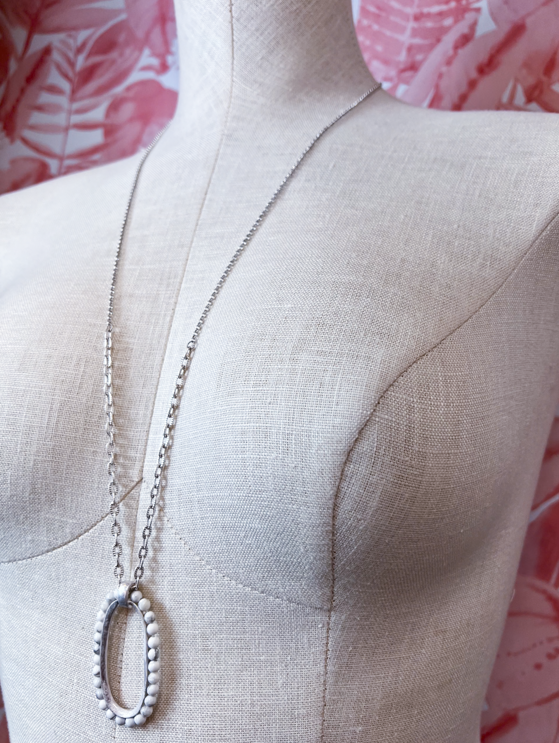 Oval & Howlite Bead Pendant Long Necklace in Silver *Final Sale*