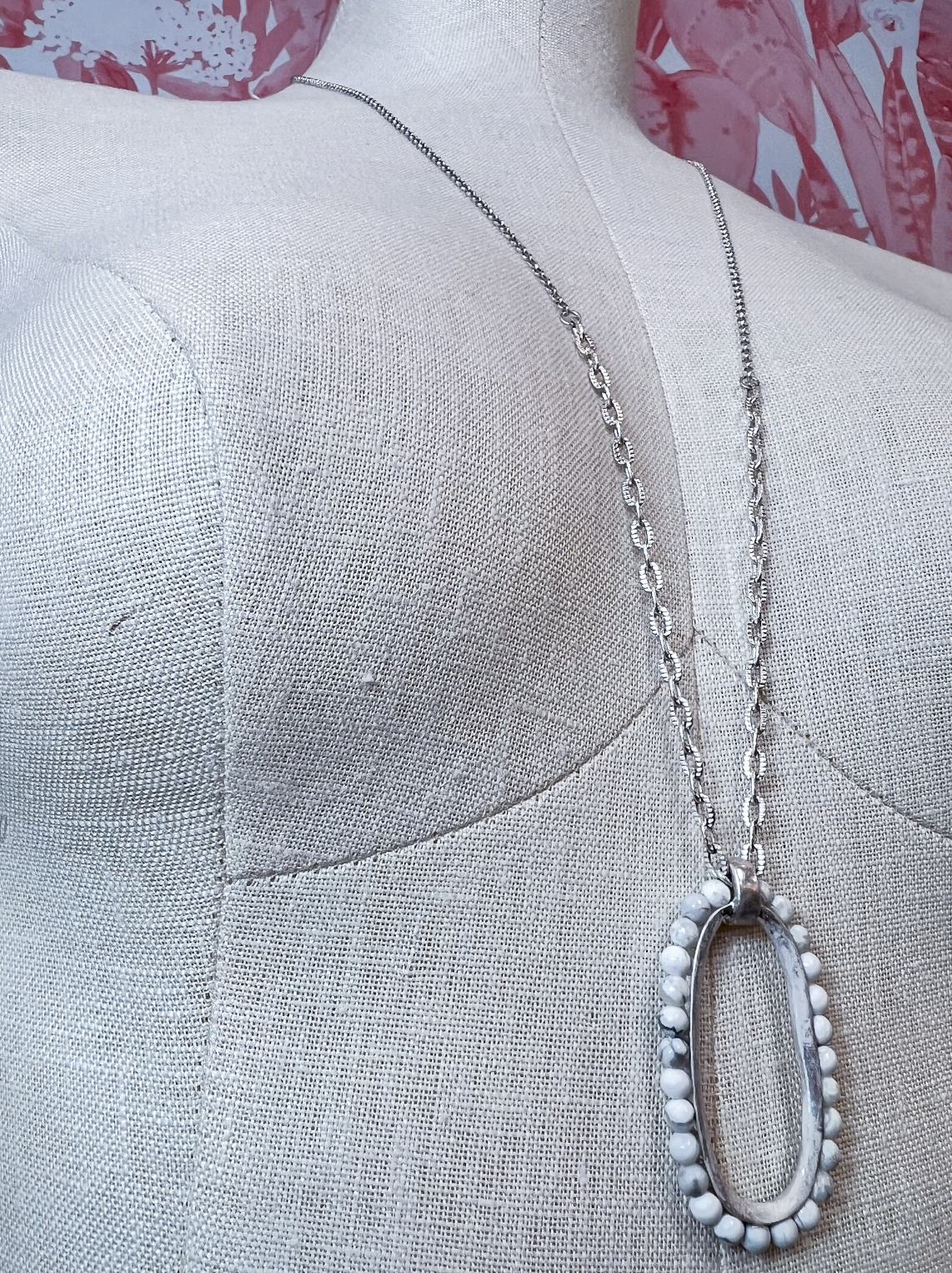 Oval & Howlite Bead Pendant Long Necklace in Silver *Final Sale*