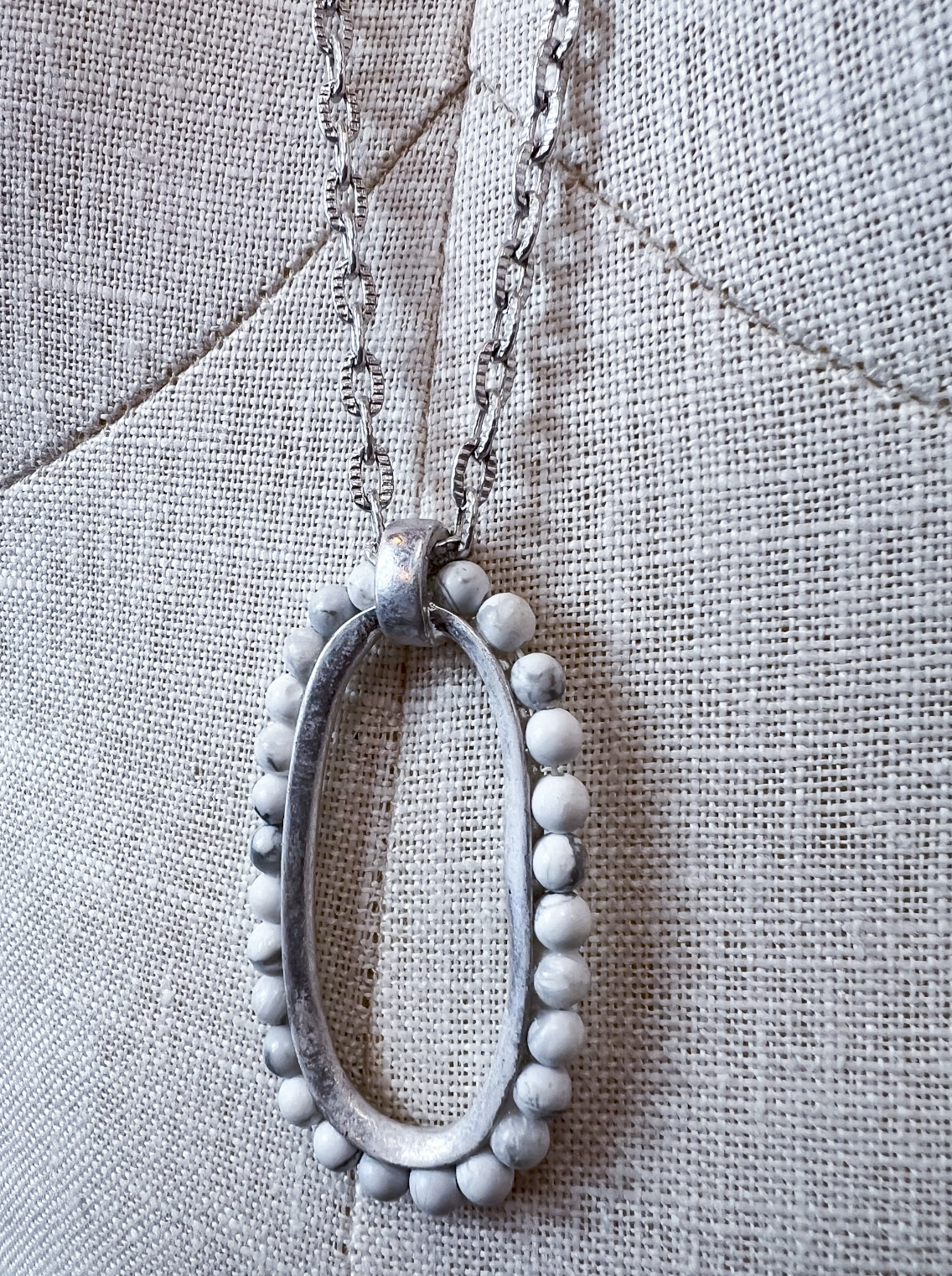 Oval & Howlite Bead Pendant Long Necklace in Silver *Final Sale*