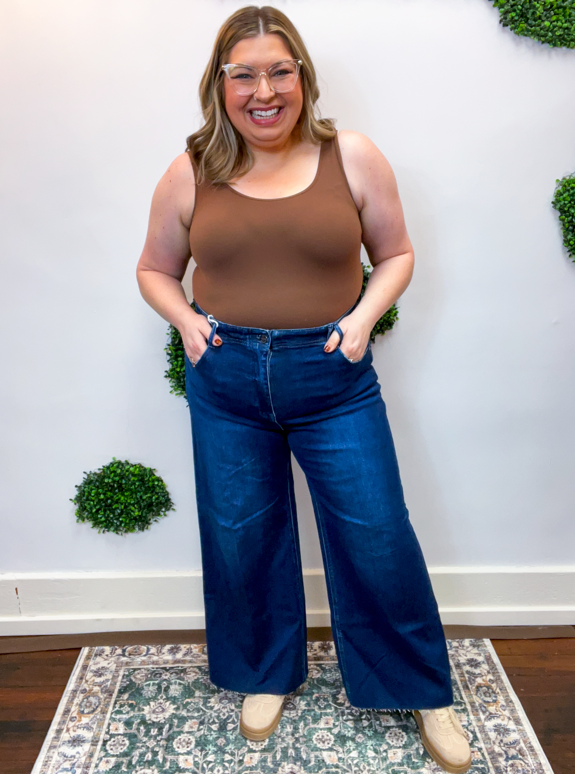 Risen | High Rise Ankle Wide Jeans With Crease Line Detail in Dark Wash