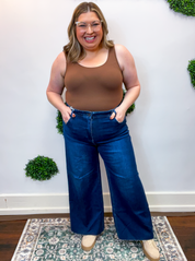 Risen | High Rise Ankle Wide Jeans With Crease Line Detail in Dark Wash