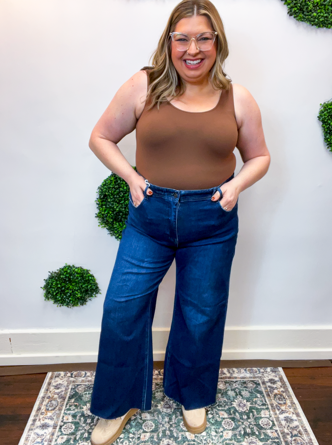 Risen | High Rise Ankle Wide Jeans With Crease Line Detail in Dark Wash