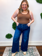 Risen | High Rise Ankle Wide Jeans With Crease Line Detail in Dark Wash