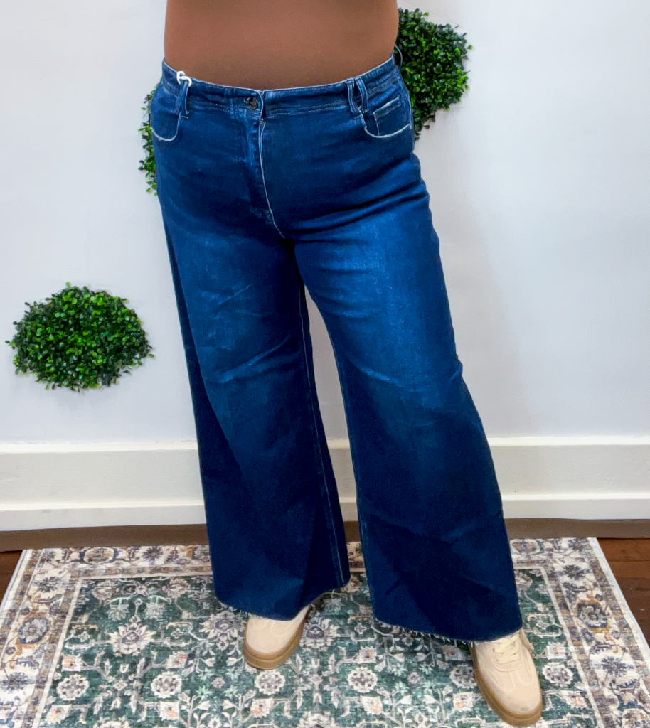 Risen | High Rise Ankle Wide Jeans With Crease Line Detail in Dark Wash