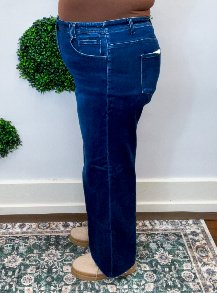 Risen | High Rise Ankle Wide Jeans With Crease Line Detail in Dark Wash