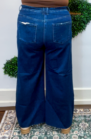 Risen | High Rise Ankle Wide Jeans With Crease Line Detail in Dark Wash