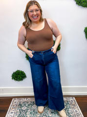 Risen | High Rise Ankle Wide Jeans With Crease Line Detail in Dark Wash