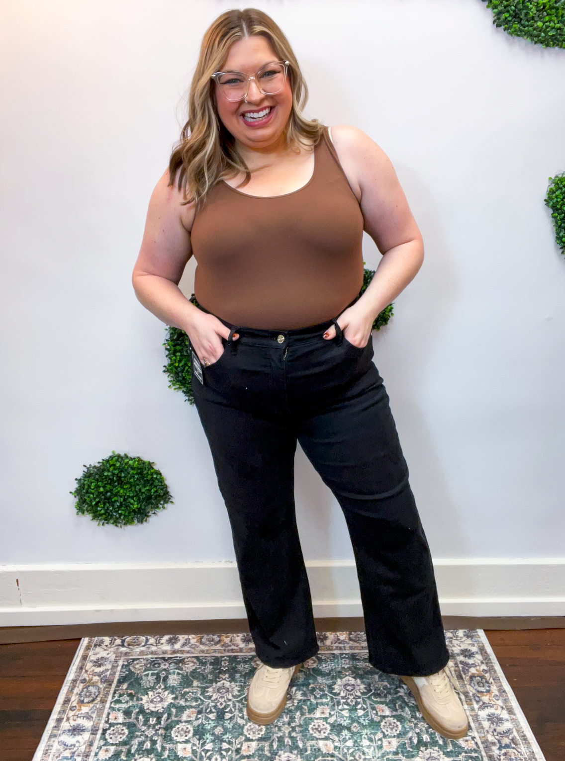 Risen | Tummy Control High Rise Crop Straight Pants in Black