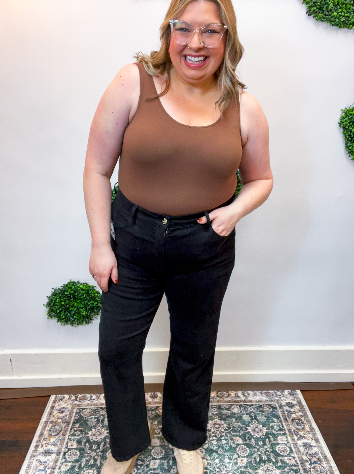 Risen | Tummy Control High Rise Crop Straight Pants in Black