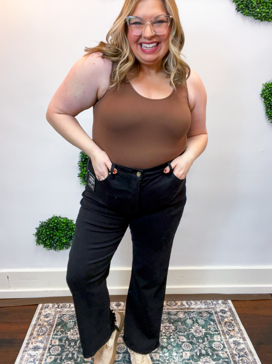 Risen | Tummy Control High Rise Crop Straight Pants in Black