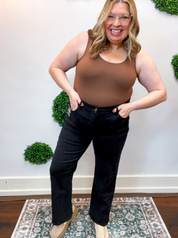 Risen | Tummy Control High Rise Crop Straight Pants in Black