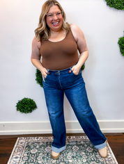 Risen | Tummy Control High Rise Wide Leg Cuffed Jeans in Dark Wash