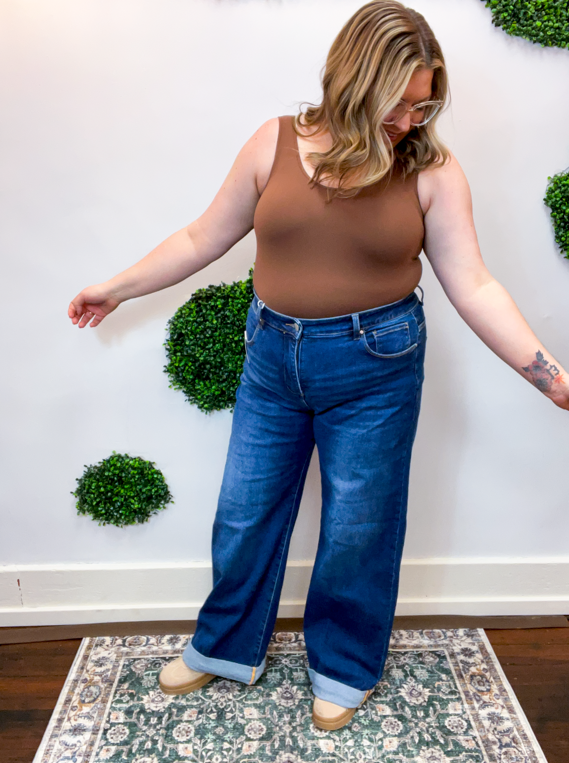 Risen | Tummy Control High Rise Wide Leg Cuffed Jeans in Dark Wash