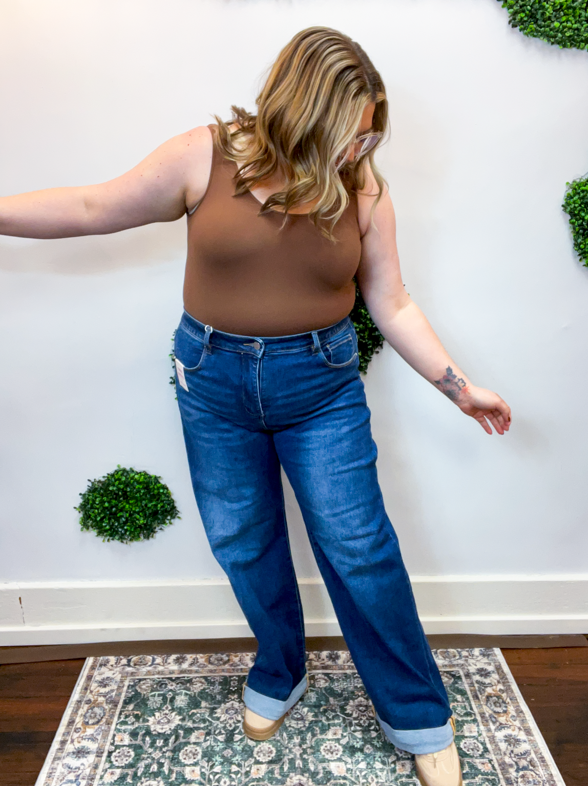 Risen | Tummy Control High Rise Wide Leg Cuffed Jeans in Dark Wash