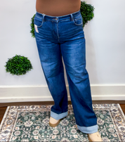 Risen | Tummy Control High Rise Wide Leg Cuffed Jeans in Dark Wash