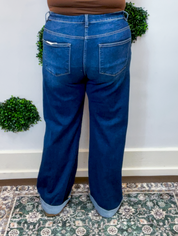 Risen | Tummy Control High Rise Wide Leg Cuffed Jeans in Dark Wash