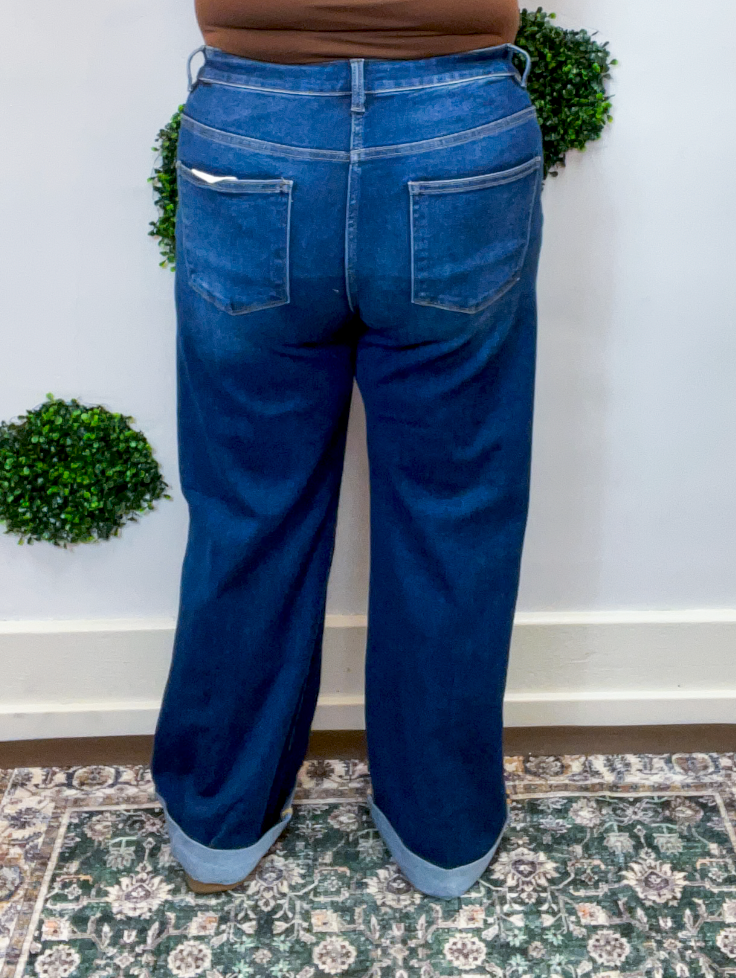 Risen | Tummy Control High Rise Wide Leg Cuffed Jeans in Dark Wash