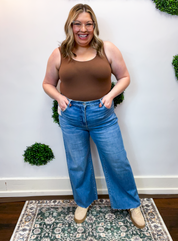 Risen | Tummy Control High Rise Crop Wide Leg Jeans in Medium Wash