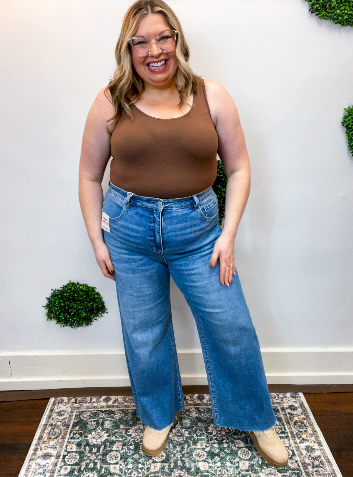 Risen | Tummy Control High Rise Crop Wide Leg Jeans in Medium Wash