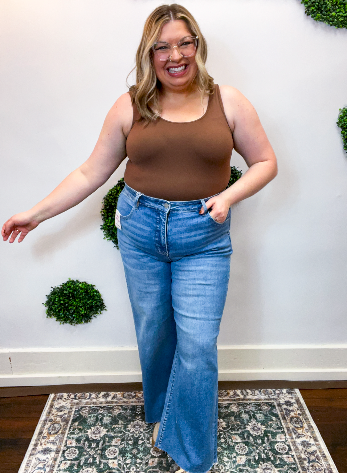 Risen | Tummy Control High Rise Crop Wide Leg Jeans in Medium Wash