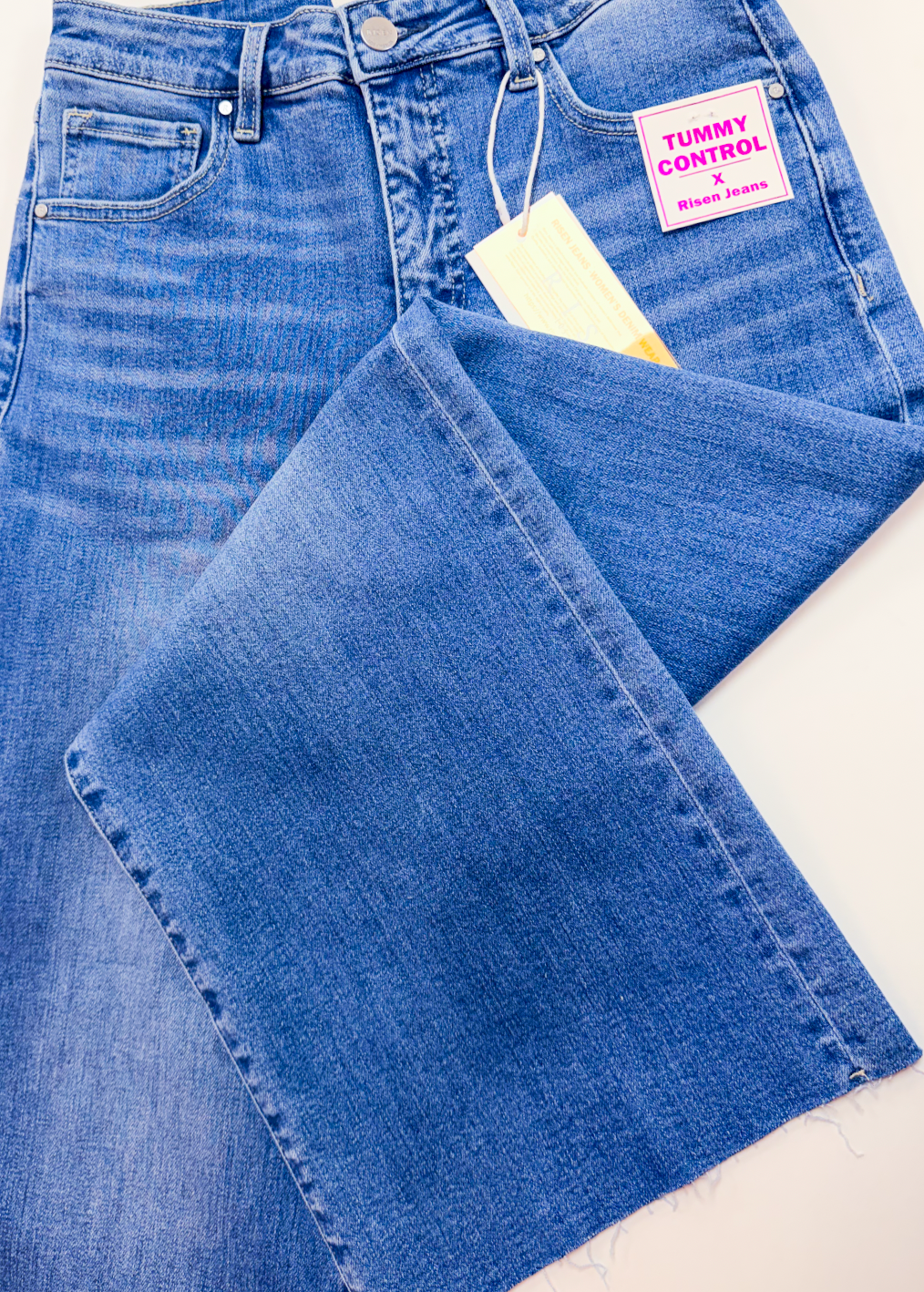 Risen | Tummy Control High Rise Crop Wide Leg Jeans in Medium Wash