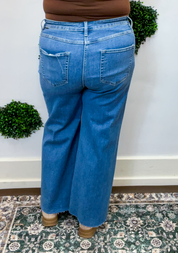 Risen | Tummy Control High Rise Crop Wide Leg Jeans in Medium Wash