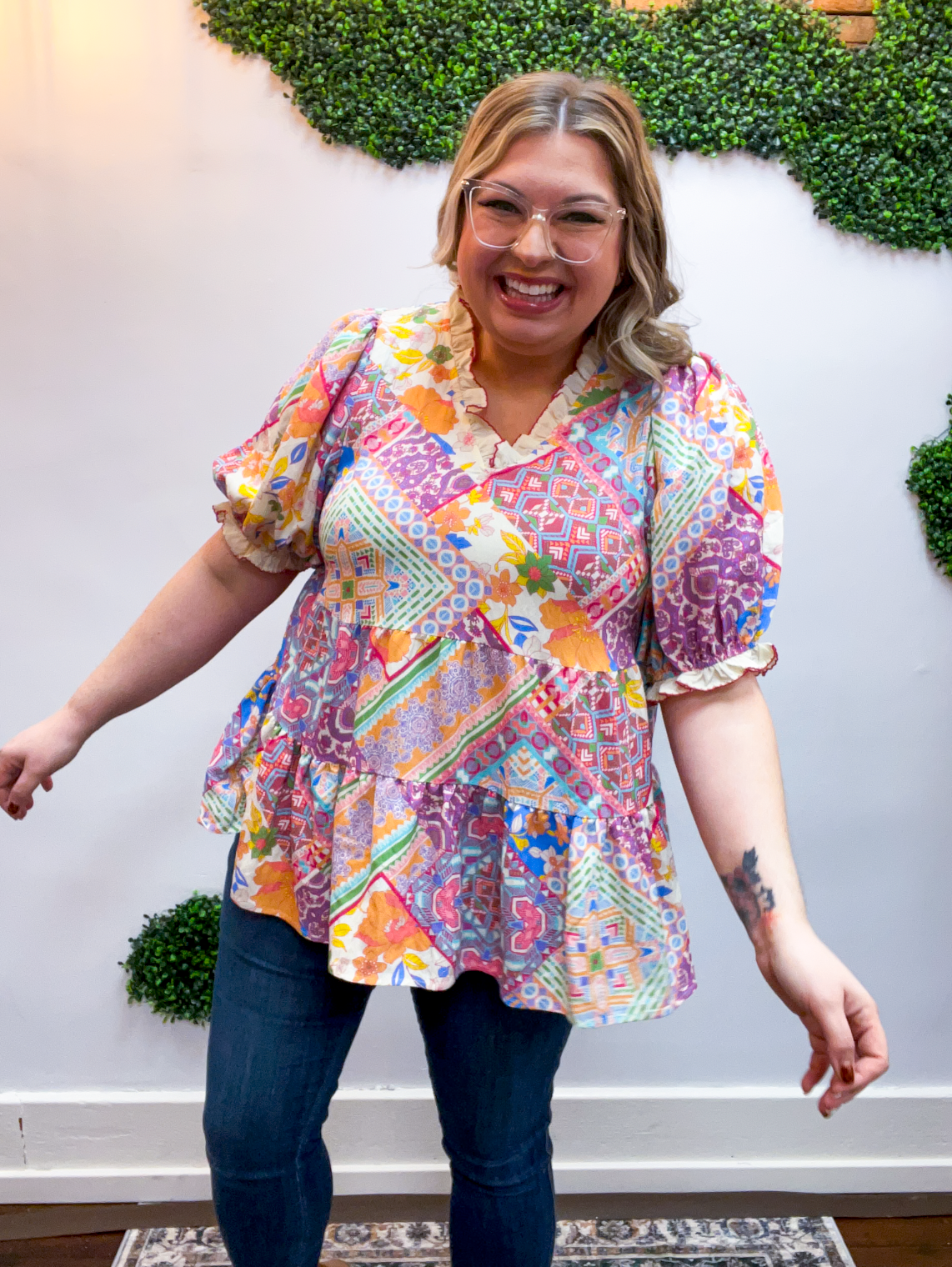 Easel | Patchwork Petals Babydoll Top