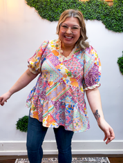 Easel | Patchwork Petals Babydoll Top