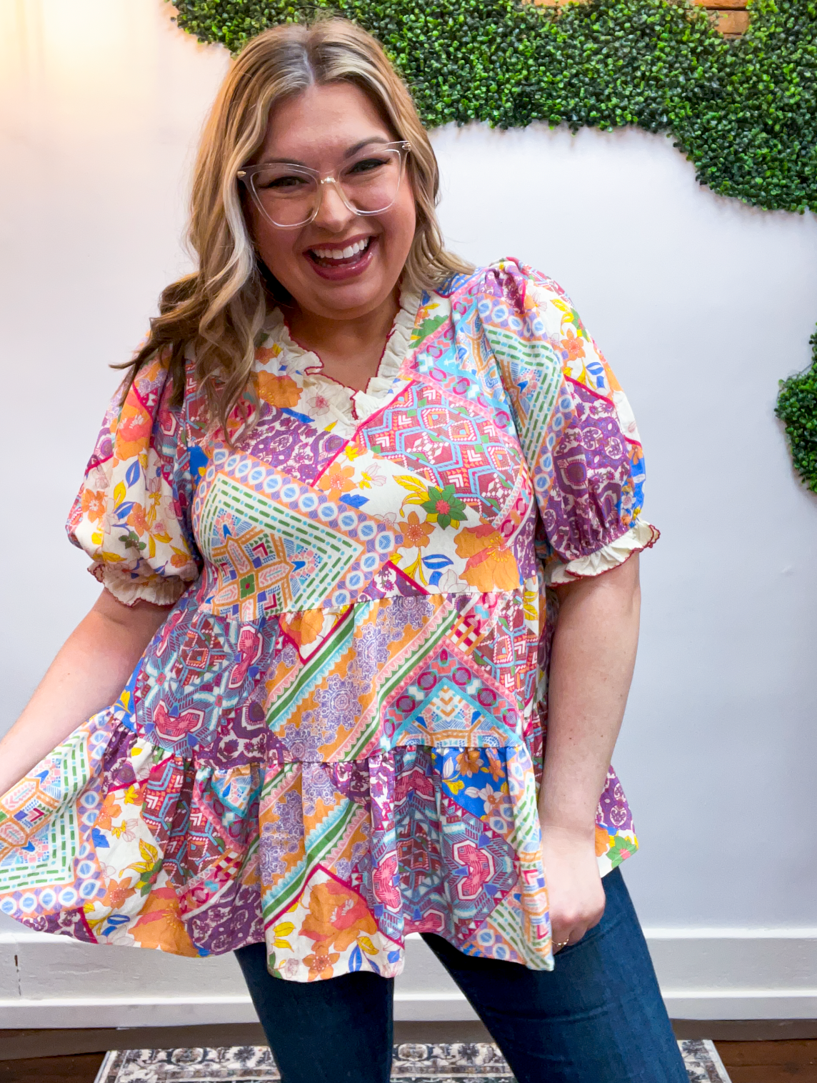 Easel | Patchwork Petals Babydoll Top