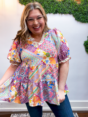 Easel | Patchwork Petals Babydoll Top