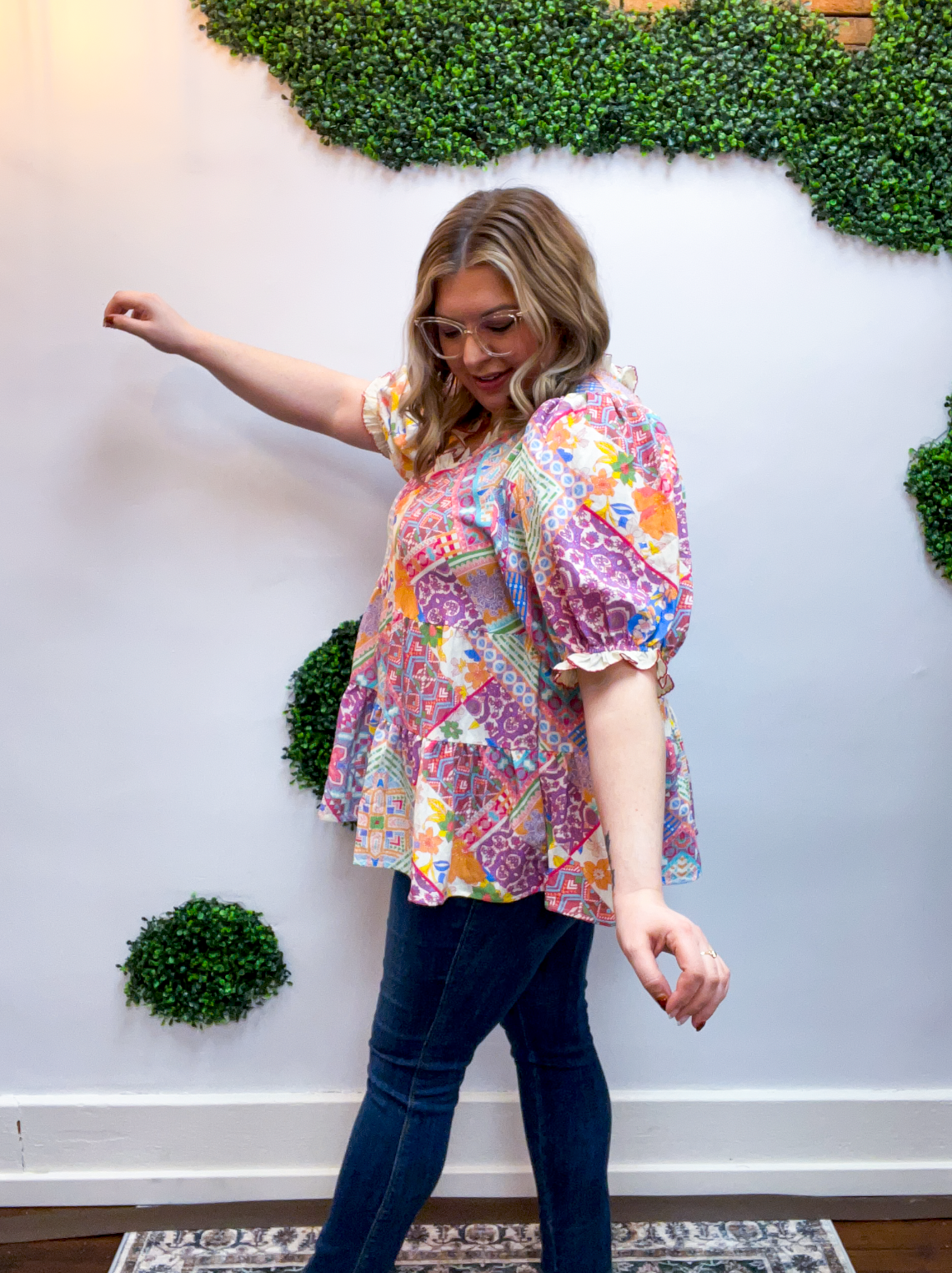 Easel | Patchwork Petals Babydoll Top