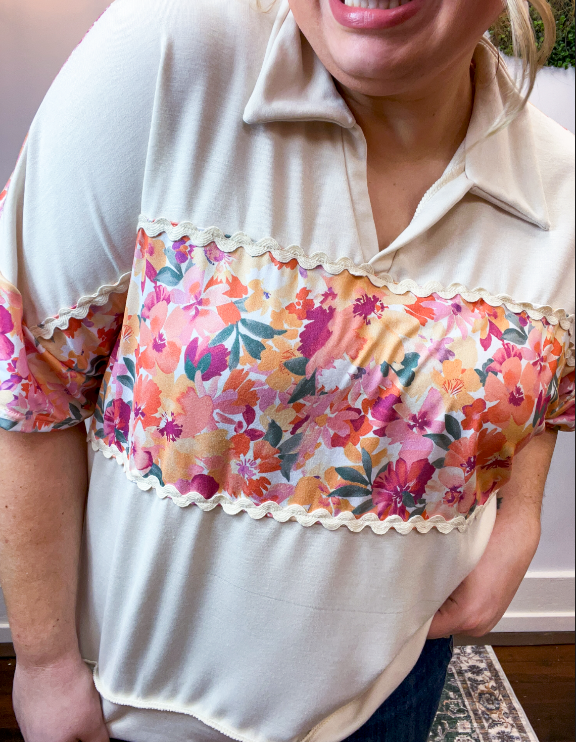 Ric Rac Rendezvous Top in Oatmeal & Peach
