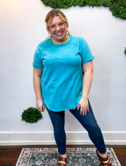 Sunkissed Crinkle Off Duty Top in Light Teal