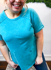 Sunkissed Crinkle Off Duty Top in Light Teal