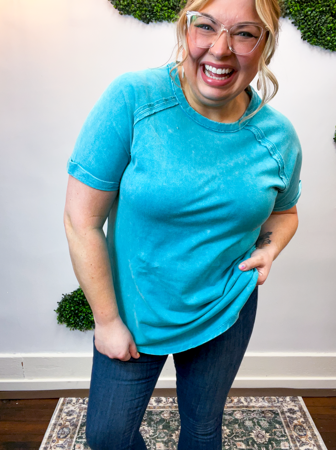 Sunkissed Crinkle Off Duty Top in Light Teal