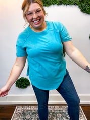 Sunkissed Crinkle Off Duty Top in Light Teal