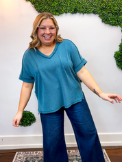 That Girl V-Neck Ribbed Top in Teal