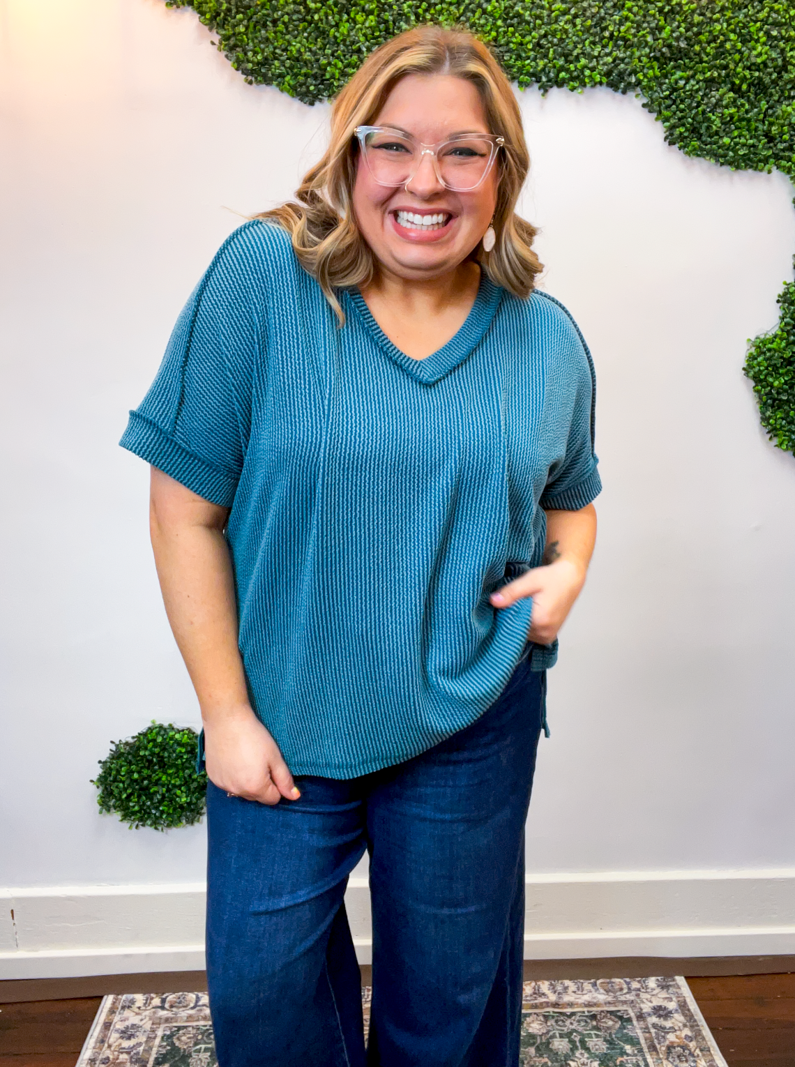 That Girl V-Neck Ribbed Top in Teal