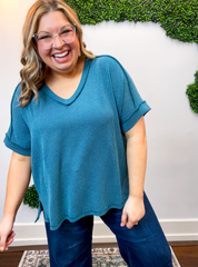 That Girl V-Neck Ribbed Top in Teal