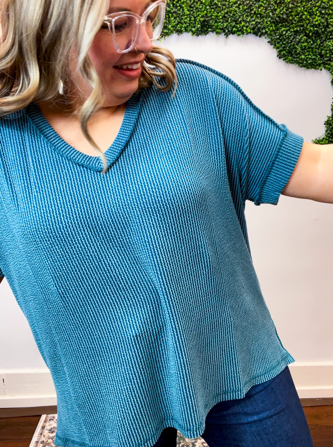 That Girl V-Neck Ribbed Top in Teal