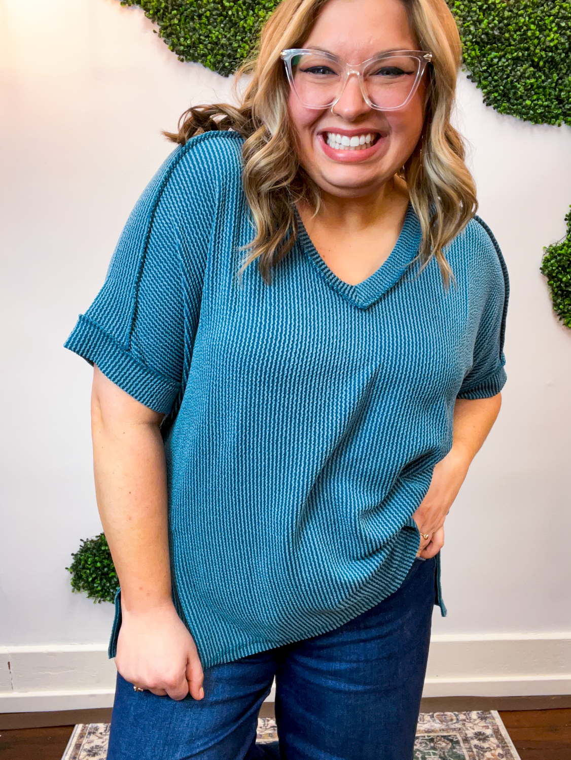 That Girl V-Neck Ribbed Top in Teal