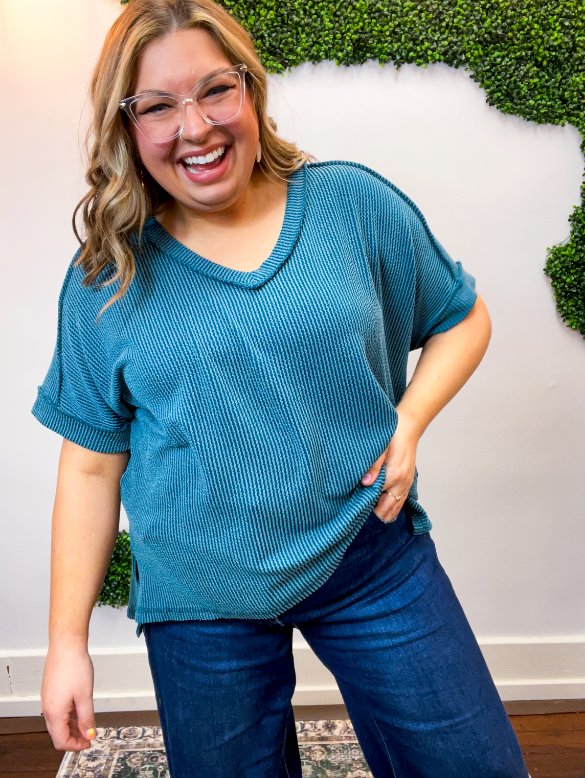 That Girl V-Neck Ribbed Top in Teal