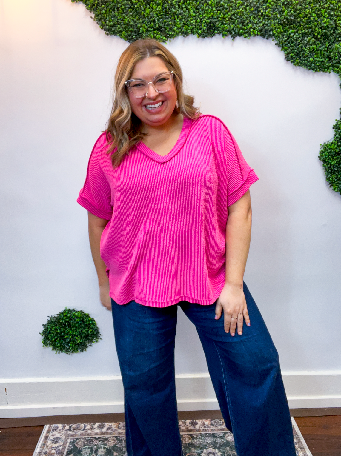 That Girl V-Neck Ribbed Top in Hot Pink *40% off* ALL SALE ARE FINAL*