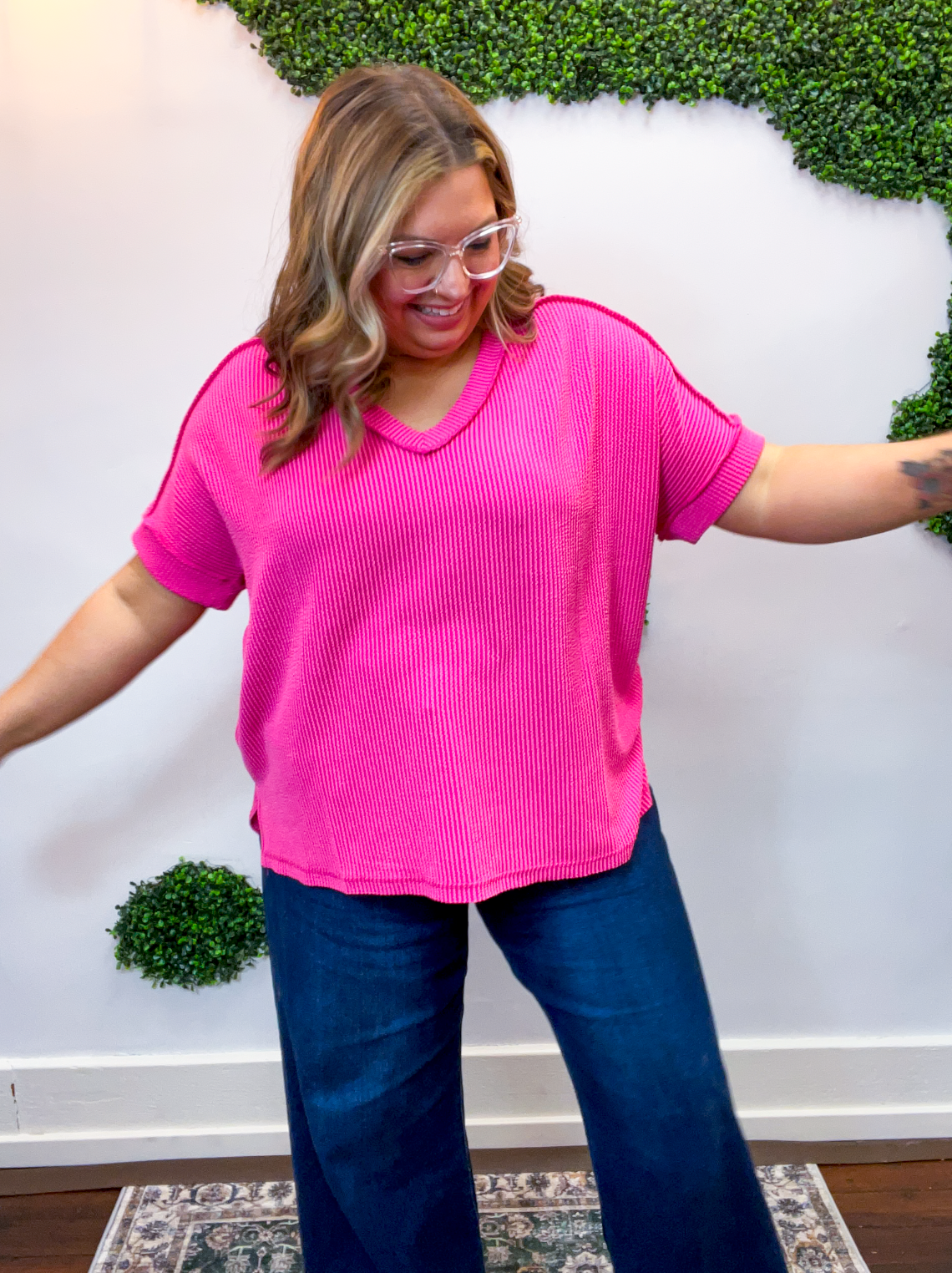 That Girl V-Neck Ribbed Top in Hot Pink *40% off* ALL SALE ARE FINAL*
