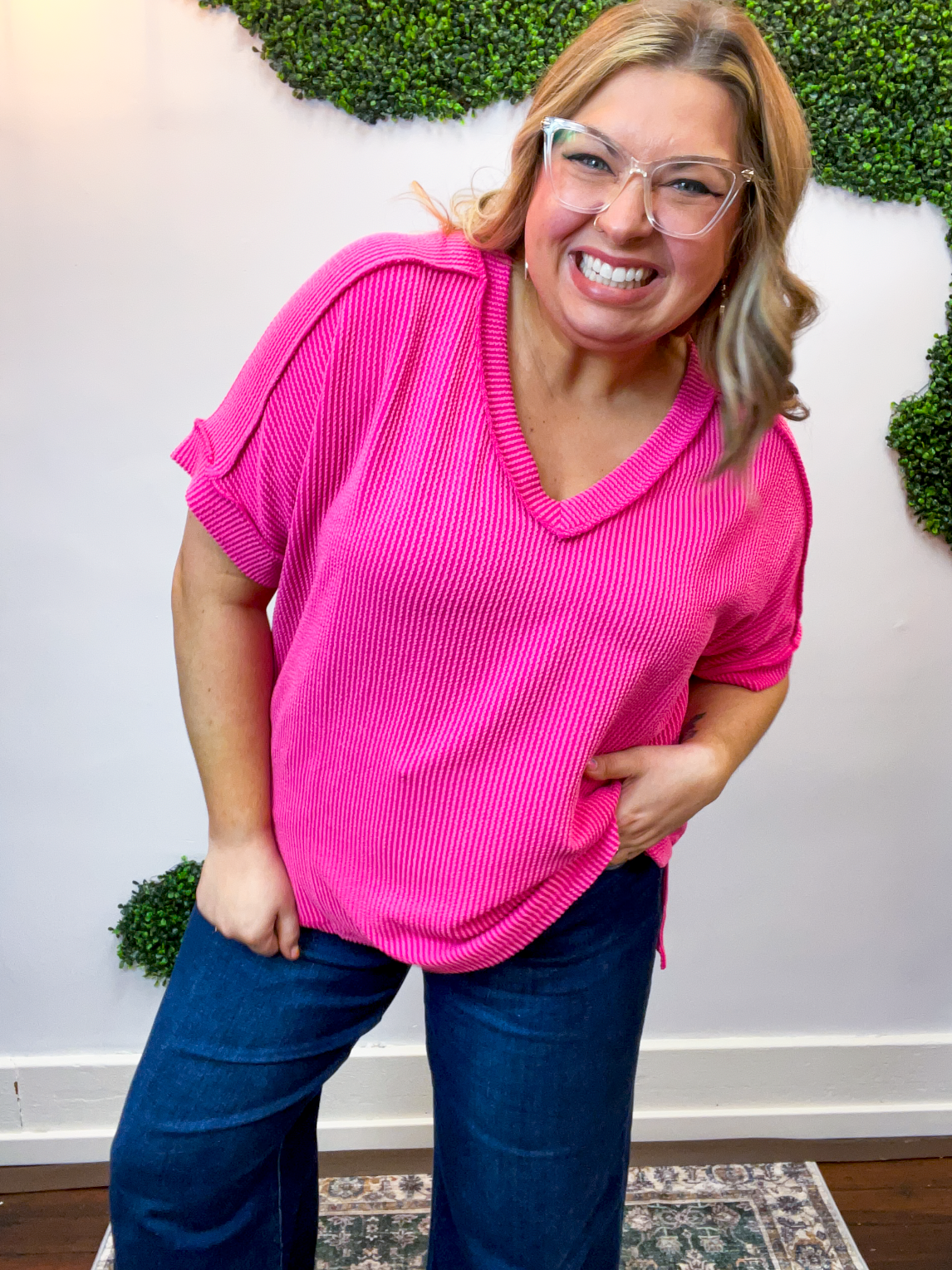 That Girl V-Neck Ribbed Top in Hot Pink *40% off* ALL SALE ARE FINAL*