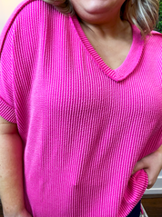That Girl V-Neck Ribbed Top in Hot Pink *40% off* ALL SALE ARE FINAL*