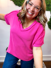 That Girl V-Neck Ribbed Top in Hot Pink *40% off* ALL SALE ARE FINAL*