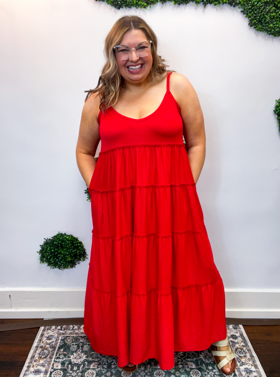 Somewhere Sunny Tiered Maxi Dress in Ruby Red