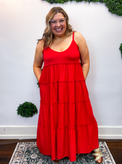 Somewhere Sunny Tiered Maxi Dress in Ruby Red