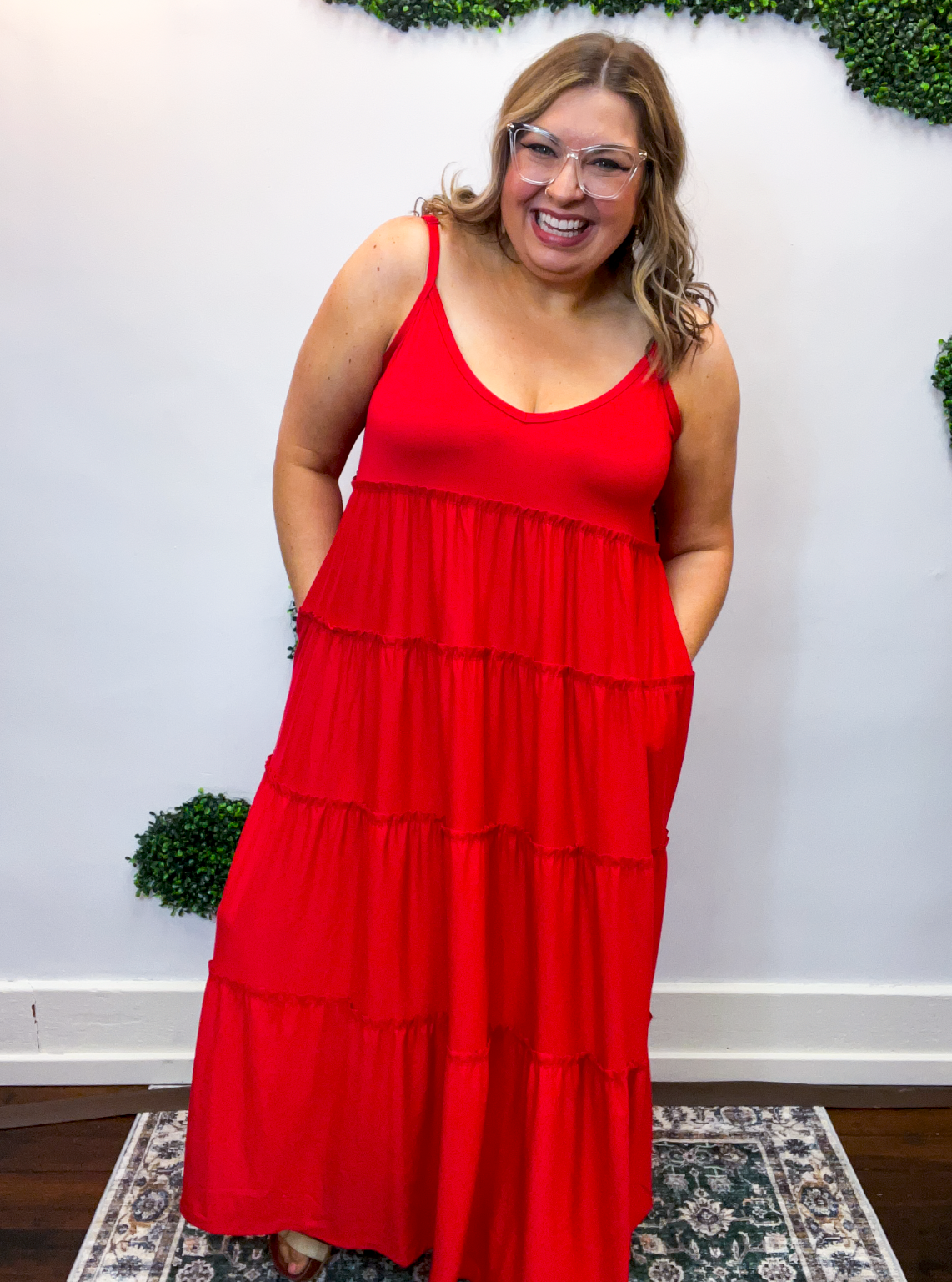 Somewhere Sunny Tiered Maxi Dress in Ruby Red
